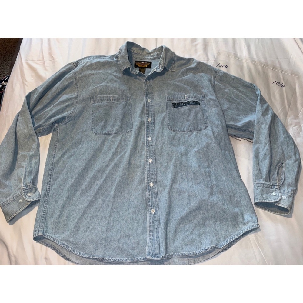 Vintage Harley Davidson Mens XXL Light Wash Denim Long Sleeve Button Up Logo